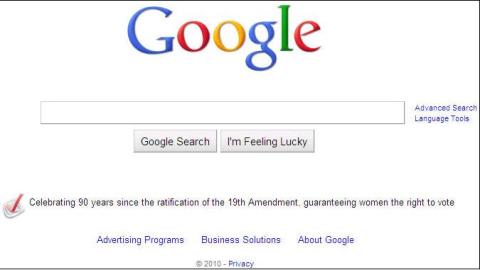 Screenshot of Google's homepage, featuring a regular logo and the sentence, "Celebrating 90 years since the ratification of the 19th Amendment, guaranteeing women the right to vote" under the search bar.